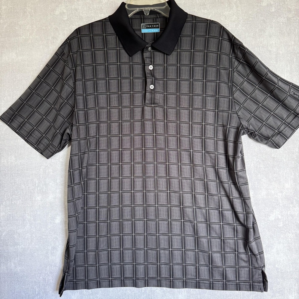 PGA TOUR Polo Shirt Mens XL Gray Black Savannah Grid Plaid Knit Golf 3-Button